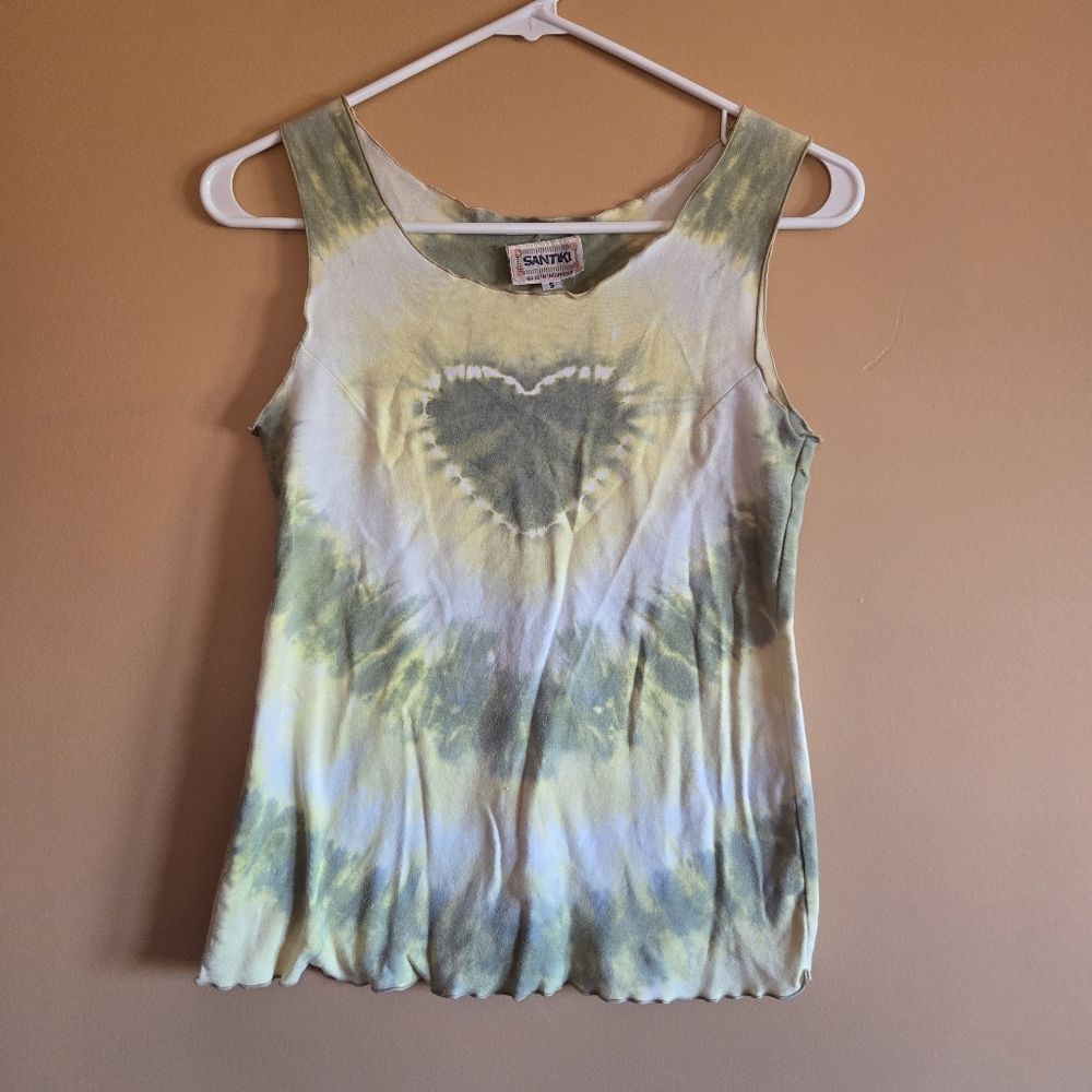 Santiki Tie-Dye Heart Tank Top - Yellow & Olive PTP=14.25"